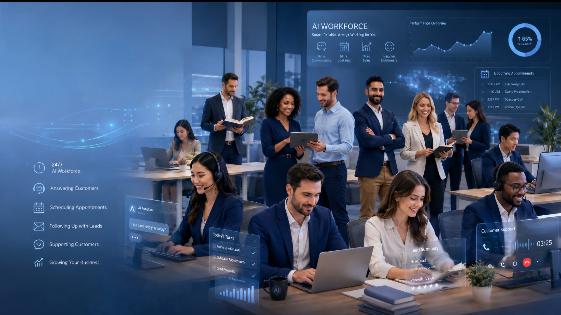 An AI team of digital employees collaborating in a bright modern office